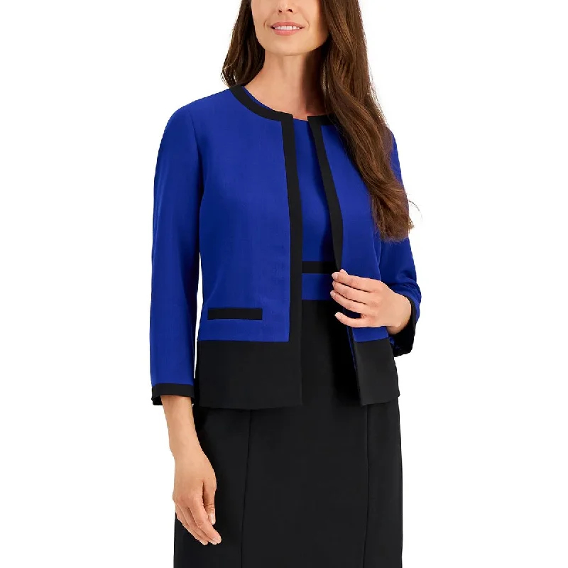 Petites Womens Open Front Contrast Trim Collarless Blazer