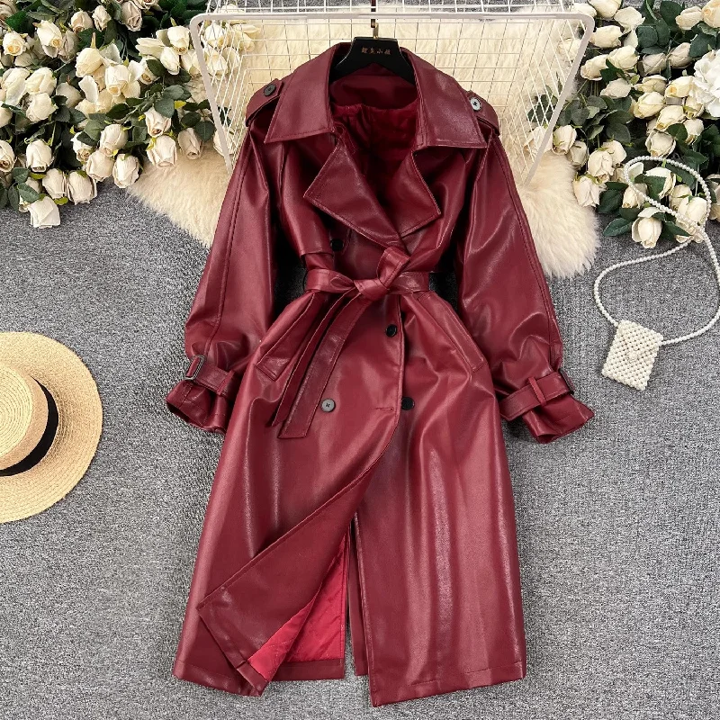 Stock Up and Save mid-length leather jacket for women coat trend     S4639