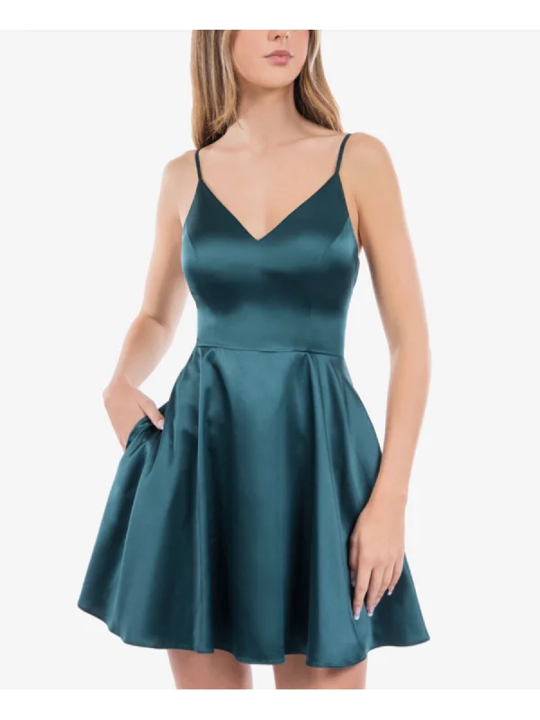 Deal Explosion B DARLIN Womens Green Zippered Adjustable Padded Cups Pocketed Lined Spaghetti Strap V Neck Short Party Fit + Flare Dress