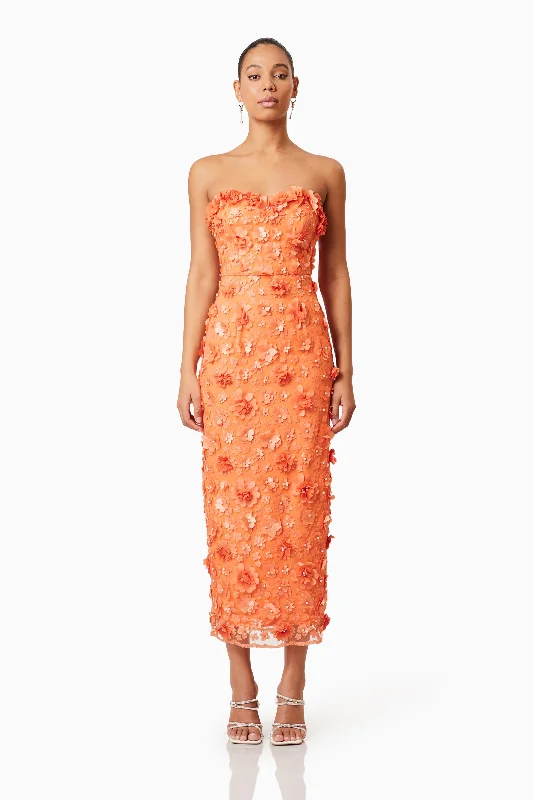 Super Bargain Bluebell Strapless 3D Midi Dress in Orange