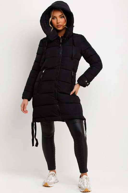 Markdown Madness Long Puffer Coat With Hood And Side Straps Black