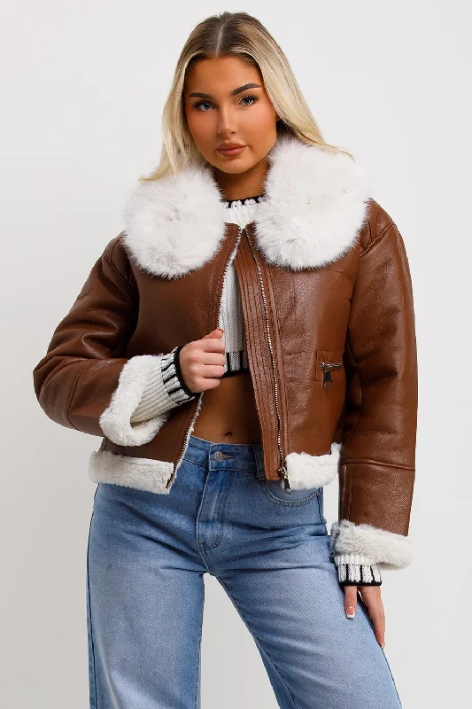 Crazy Savings Crop Aviator Jacket With Fur Collar Brown