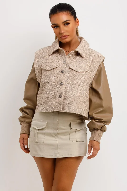 Big Discounts Tweed Bomber Jacket With Faux Leather Sleeves Beige