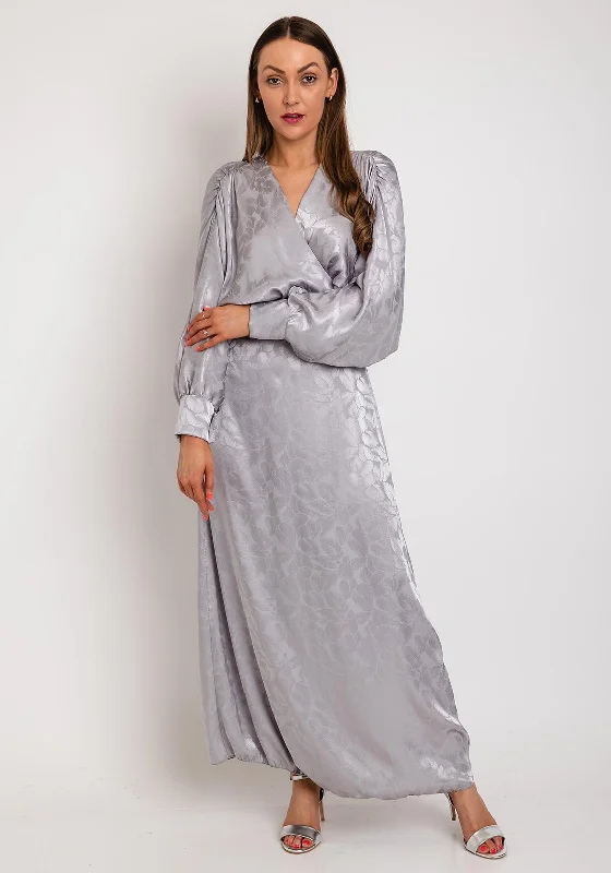 Early Access The Sofia Collection Leaf Print Satin Batwing Maxi Dress, Silver