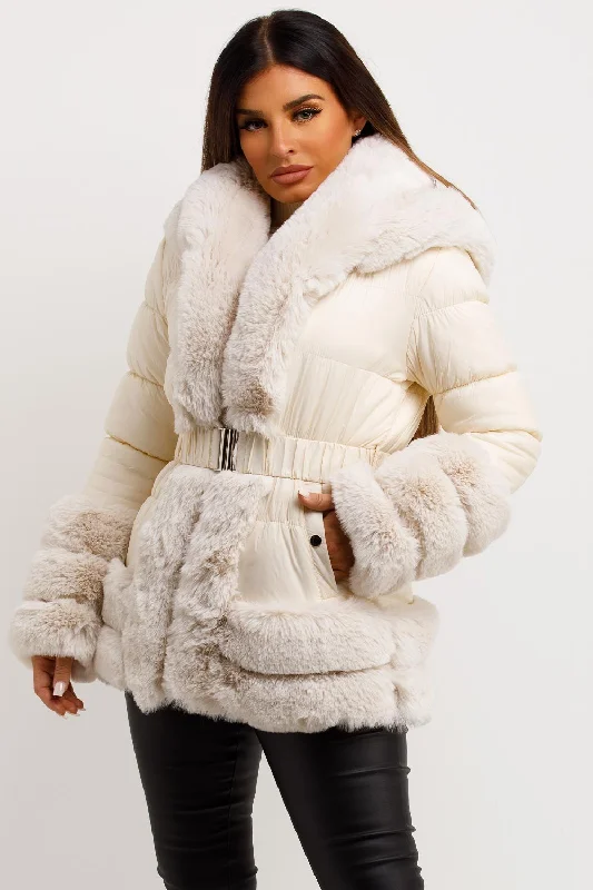 Must-Have Deals Beige Faux Fur Trim Puffer Hooded Down Jacket With Belt
