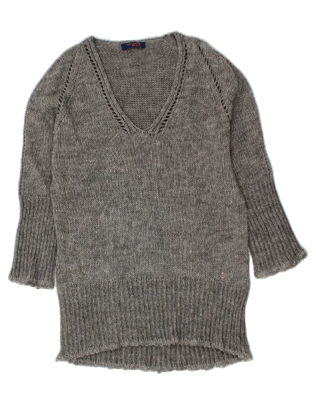 TRUSSARDI JEANS Womens Longline V-Neck Jumper Sweater UK 10 Small Grey