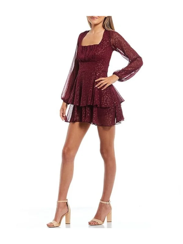 Great Bargains CITY STUDIO Womens Burgundy Pleated Zippered Tiered Skirt Tie Back Lined Long Sleeve Square Neck Mini Party Fit + Flare Dress