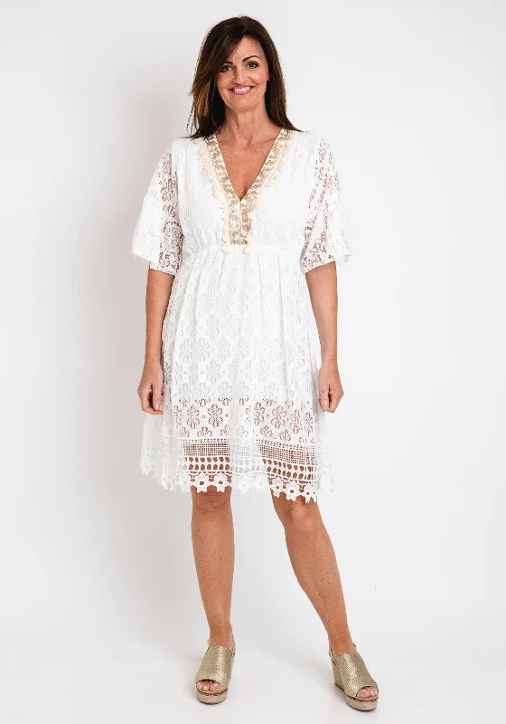 Price Drop Serafina Collection One Size Laser Cut Lace Dress, White