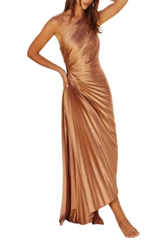 Big Discounts Asymmetrical Pleated Maxi Dress In Golden Sand