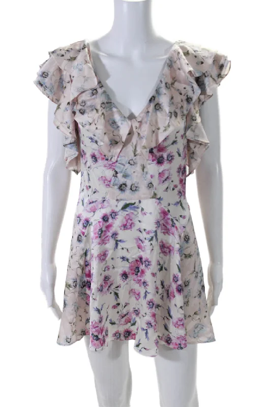 Great Deals Love Shack Fancy Womens Silk Floral Print Short Sleeve Mini Dress Pink