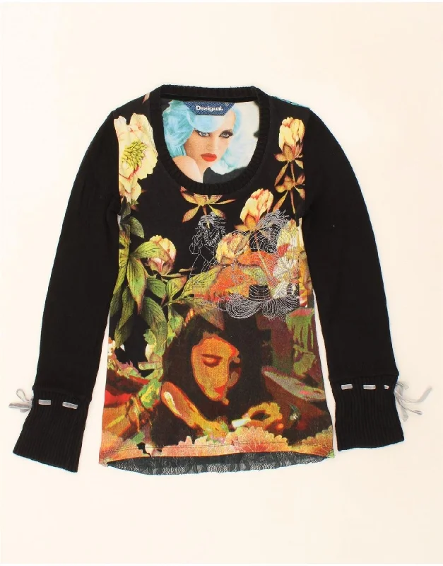 Daily Deals DESIGUAL Womens Graphic Boat Neck Jumper Sweater UK 10 Small Black Floral