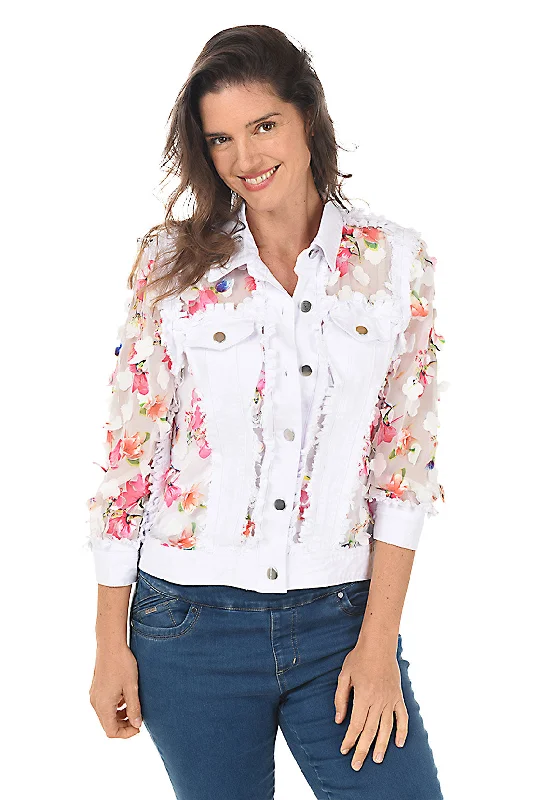 Best Deals Flower Petal Sheer Distressed Denim Jacket