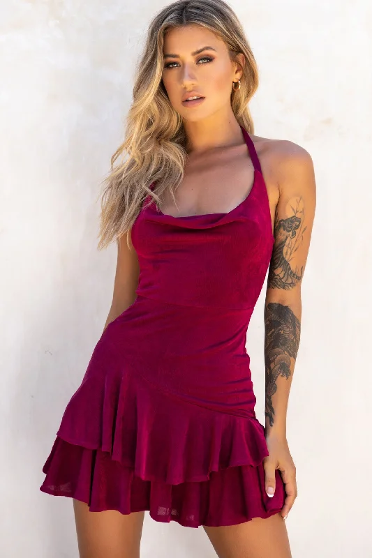 Deal Dash Bring On The Night Cowl Halterneck Dress Plum
