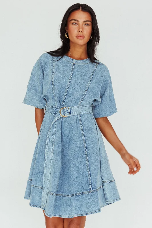 Weekend Deal Cadijah Puff Sleeve Belted Mini Dress Denim Blue