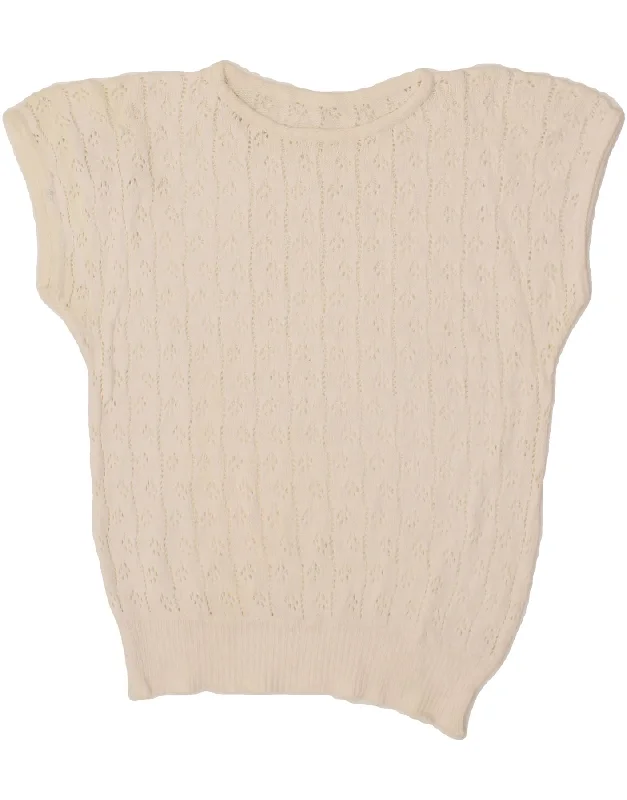 Unmissable Offer VINTAGE Womens Short Sleeve Boat Neck Jumper Sweater UK 10 Small White