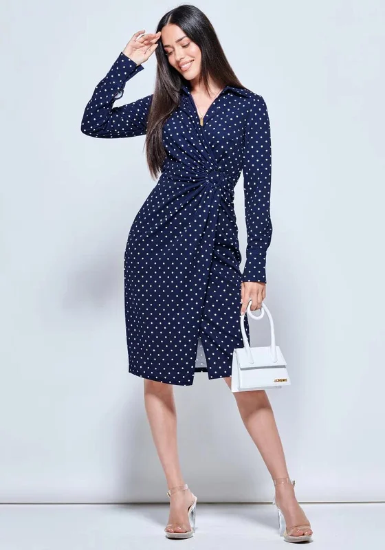 Jolie Moi Buckle Polka Dot Midi Dress, Navy & White