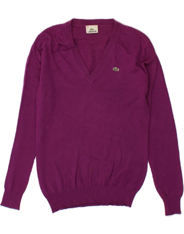 LACOSTE Womens V-Neck Jumper Sweater Size 38 Medium Purple New Wool