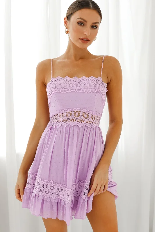 New Deals Desert Nights Crochet Lace Trim Tied Back Sun Dress Lilac