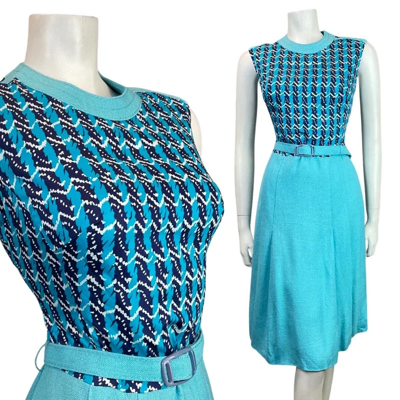 Stock Clearance VINTAGE 60s 70s BLUE NAVY WHITE STRIPED ZIG-ZAG MOD BELTED DRESS 10 12
