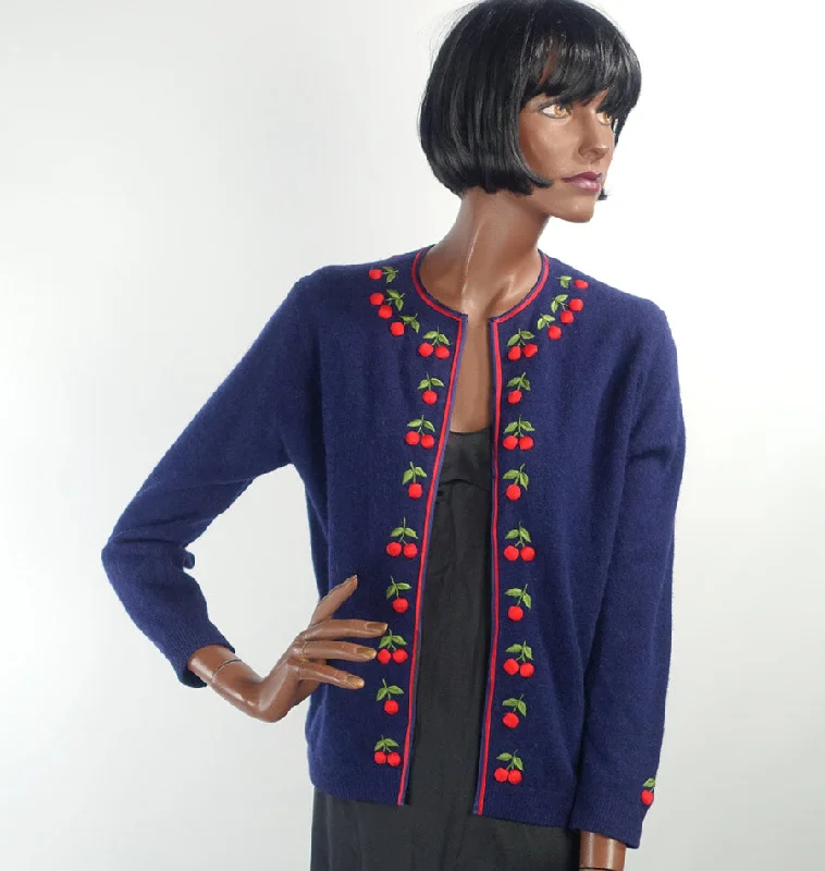 Special Discount Women's 50s Cherries Cardigan Sweater Vintage Dark Blue Small to Medium VFG