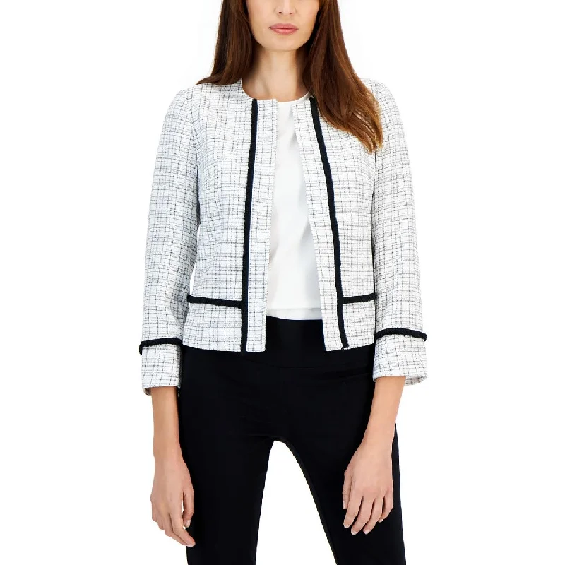 Petites Womens Plaid Collarless Open-Front Blazer