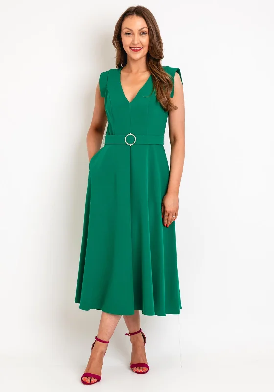 Don't Wait Castings Belted Waist, A-Line Midi Dress, Green