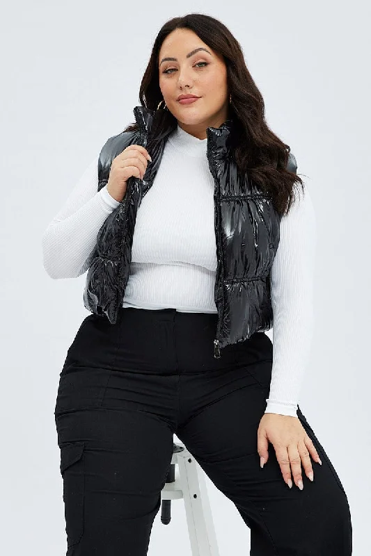 Black Puffer Vest Sleeveless Shiny Crop