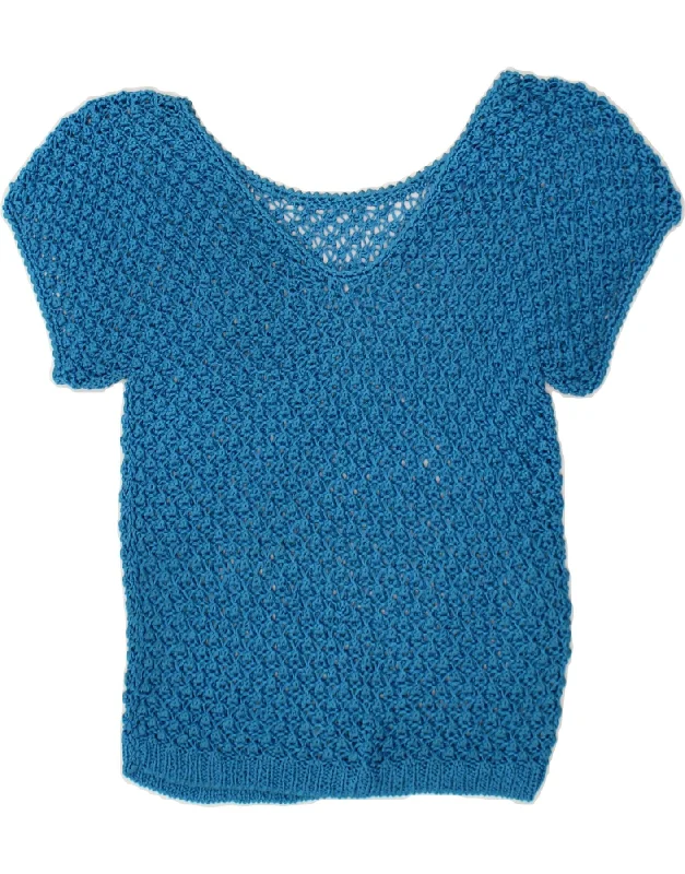 VINTAGE Womens Short Sleeve Crochet V-Neck Jumper Sweater UK 14 Large Blue