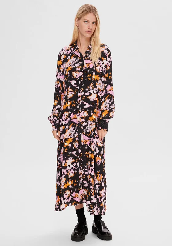 Quick Sale Selected Femme Irene Ankle Length Patterned Shirt Dress, Black