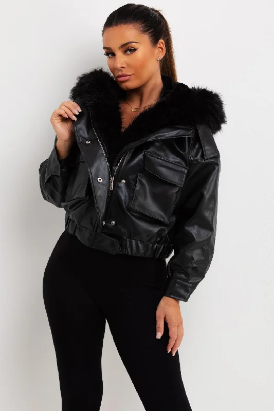 Great Deals Faux Leather Bomber Jacket With Faux Fur Hood Black
