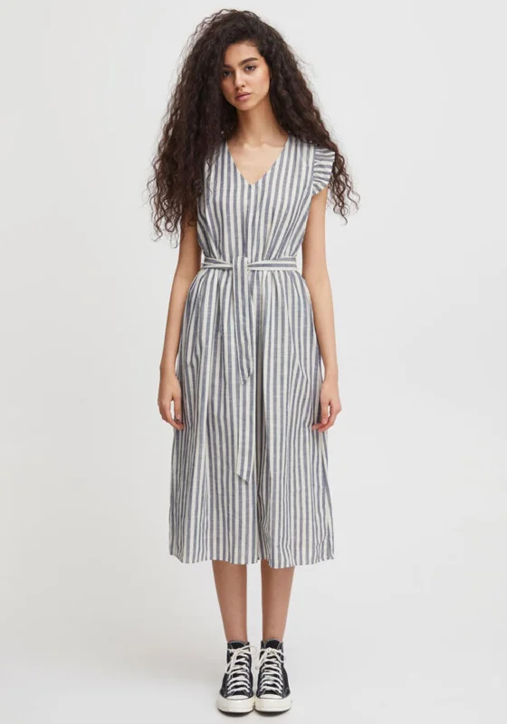 Overstock Ichi Striped Ruffle Shoulder Midi Dress, Natural