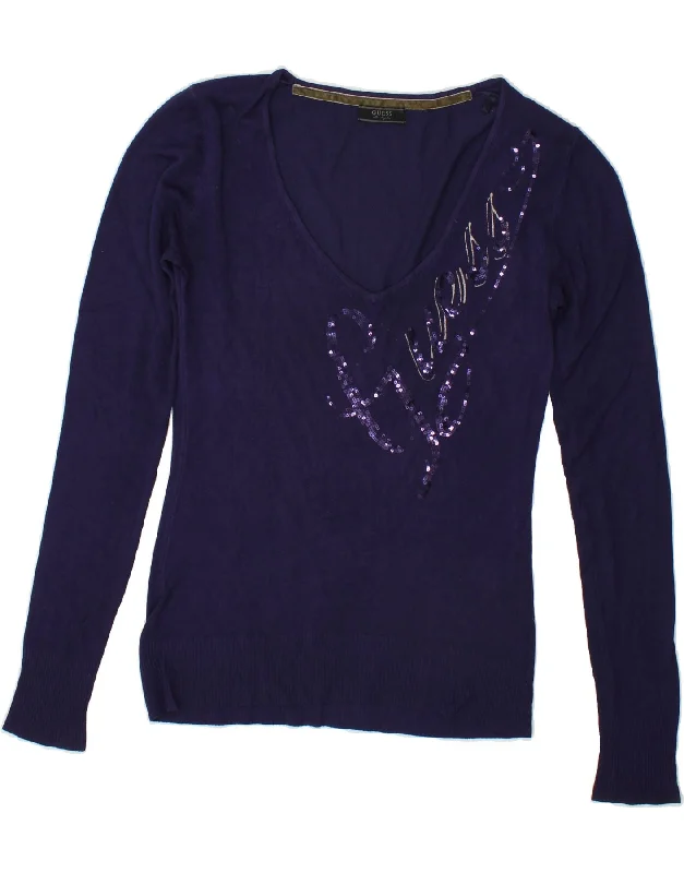 New Markdowns GUESS Womens Graphic V-Neck Jumper Sweater UK 12 Medium Navy Blue Viscose New Markdowns GUESS Womens Graphic V-Neck Jumper Sweater UK 12 Medium Navy Blue Viscose
