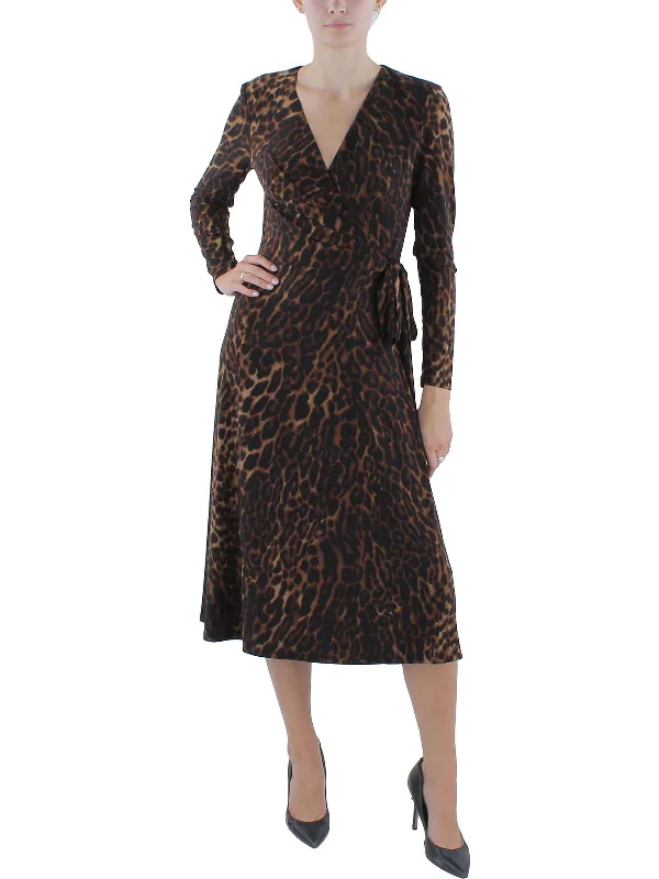 Price Meltdown Womens Side Tie Animal Print Midi Dress