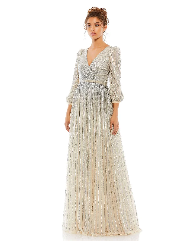 Sequined Wrap Over 3/4 Sleeve Gown