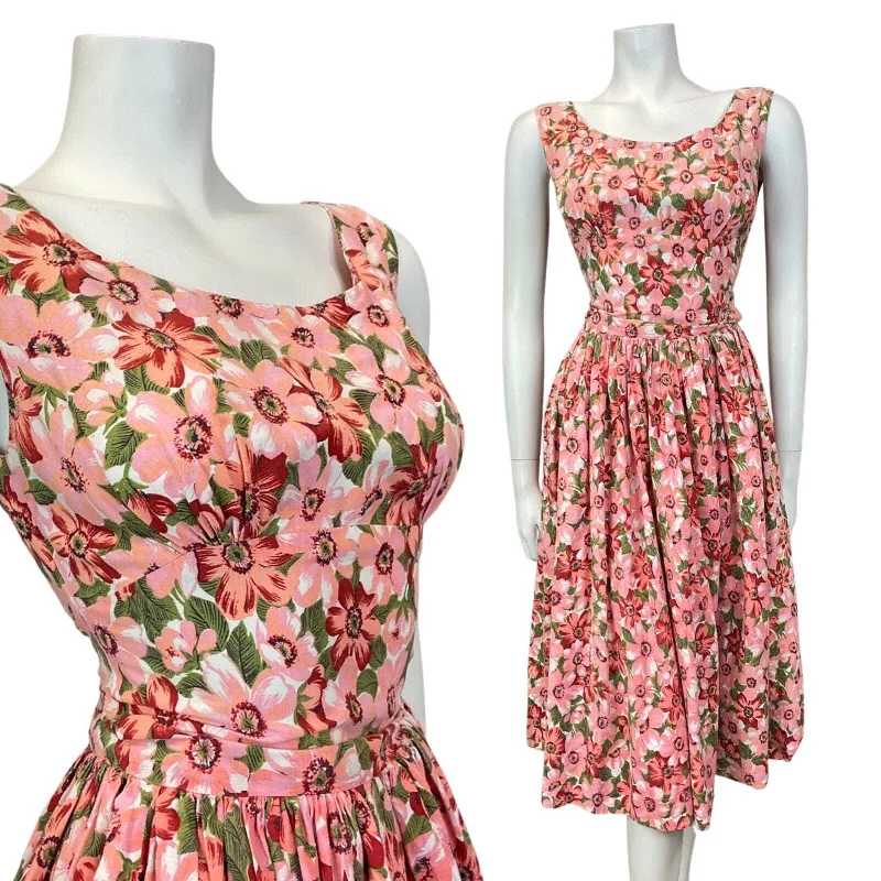 Get It Before It’s Gone VINTAGE 50s 60s PINK GREEN RED FLORAL LEAFY PRINCESS SWING SLEEVELESS DRESS 4 6 Get It Before It’s Gone VINTAGE 50s 60s PINK GREEN RED FLORAL LEAFY PRINCESS SWING SLEEVELESS DRESS 4 6