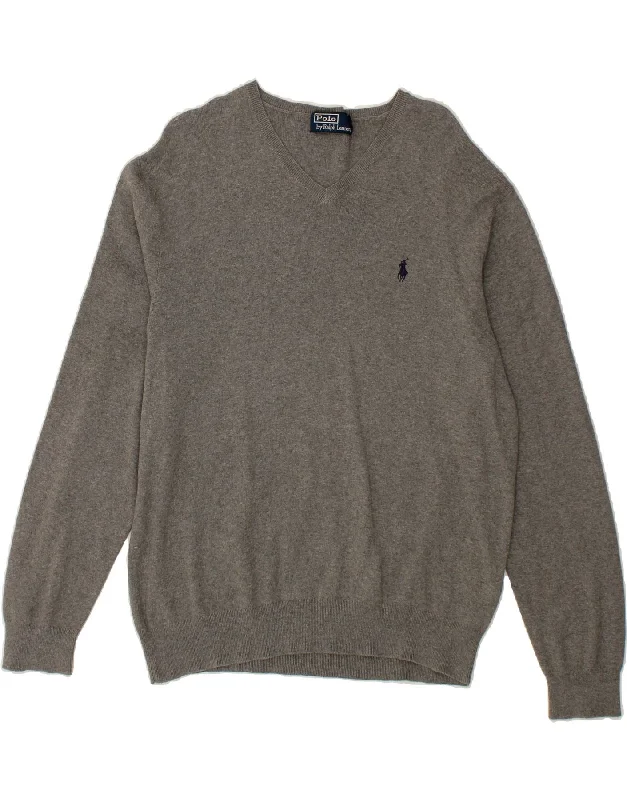 Deal Mania POLO RALPH LAUREN Womens V-Neck Jumper Sweater UK 16 Large Grey Cotton