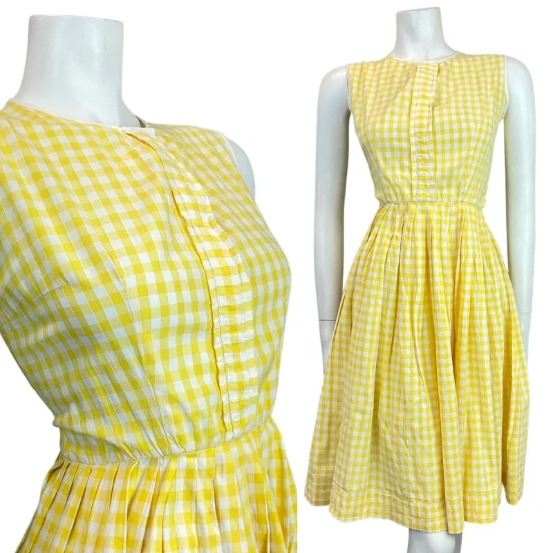 Clearance Sale VINTAGE 50s 60s LEMON YELLOW WHITE GINGHAM CHECKED PLEATED SWING SUMMER DRESS 6 Clearance Sale VINTAGE 50s 60s LEMON YELLOW WHITE GINGHAM CHECKED PLEATED SWING SUMMER DRESS 6