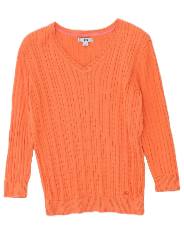 Overstock Sale IZOD Womens V-Neck Jumper Sweater UK 14 Large Orange Cotton