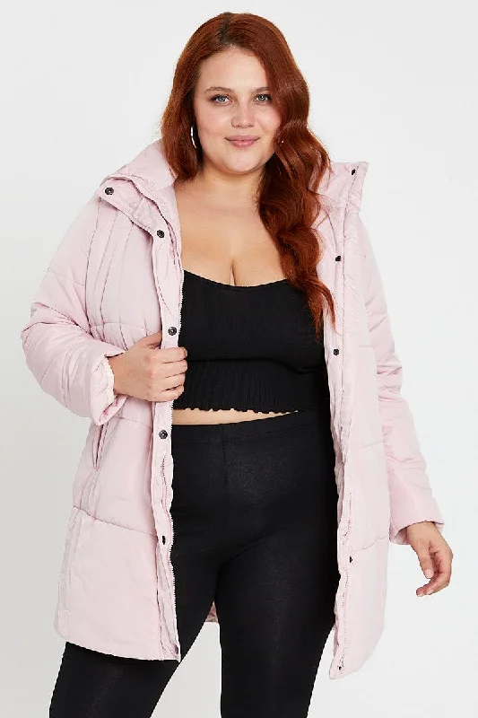 Buy More, Save More Pink Puffer Jacket Long Sleeve Zip Front Longline