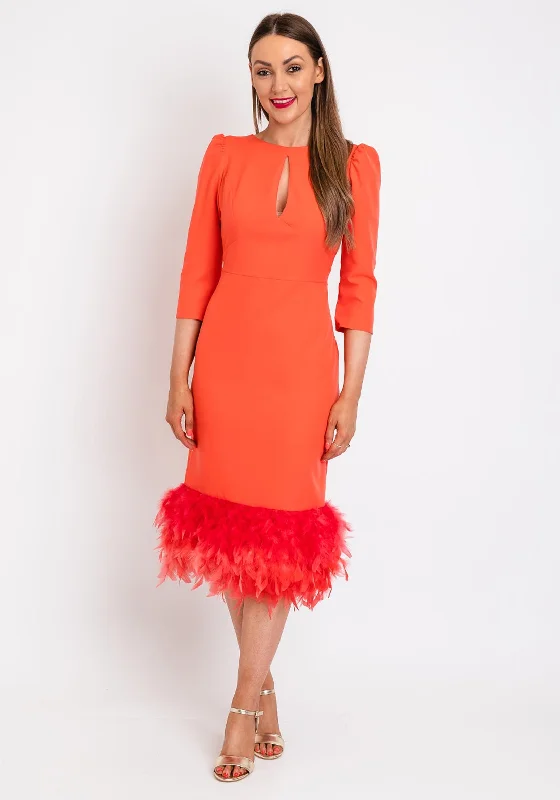 Price Blitz Herysa Begona Feather Trim Hem Midi Dress, Coral