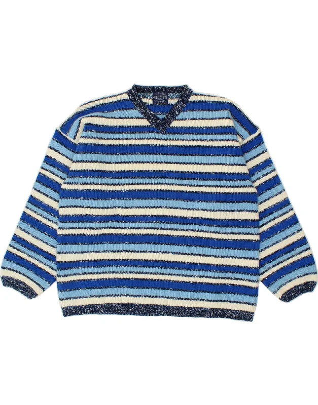 Special Price VINTAGE Womens V-Neck Jumper Sweater UK 16 Large Blue Striped Wool