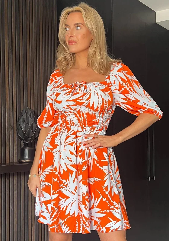 Price Drop Girl In Mind Cora Palm Print Shirred Detail Mini Dress, Orange