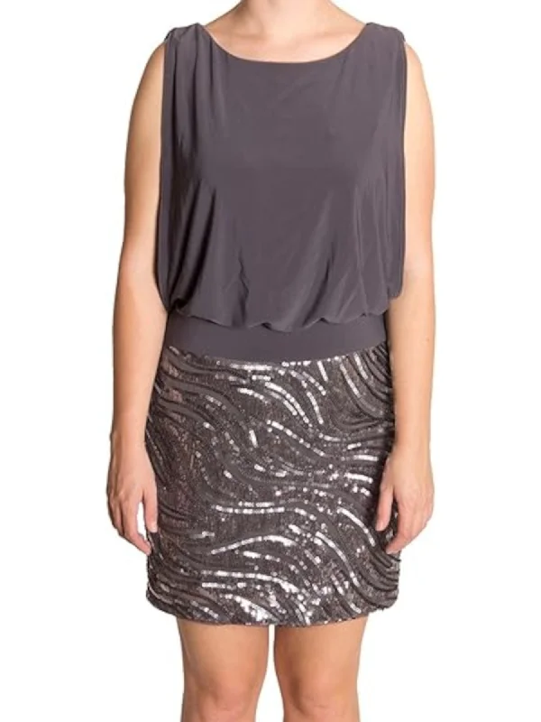 Closeout BETSY & ADAM Womens Gray Stretch Sequined Open Back Elastic Strap Lined Sleeveless Boat Neck Above The Knee Party Sheath Dress