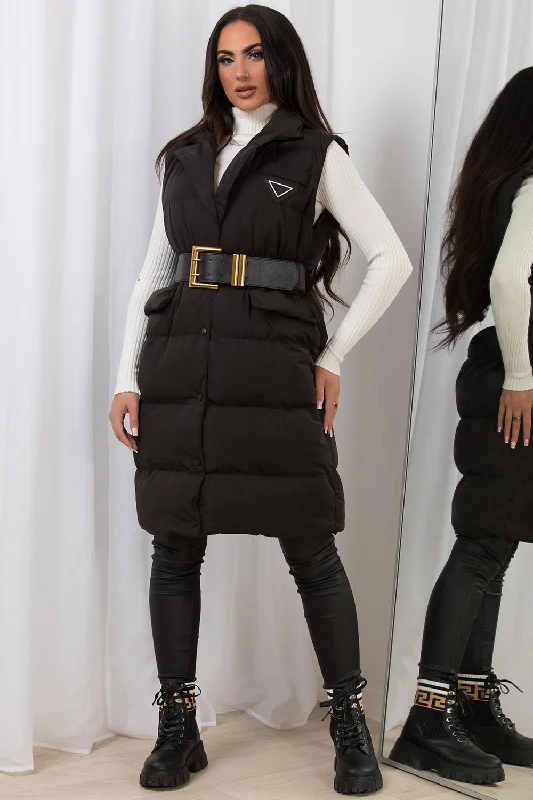 Best Bargains Black Long Puffer Gilet With Lapel Collar & Belt