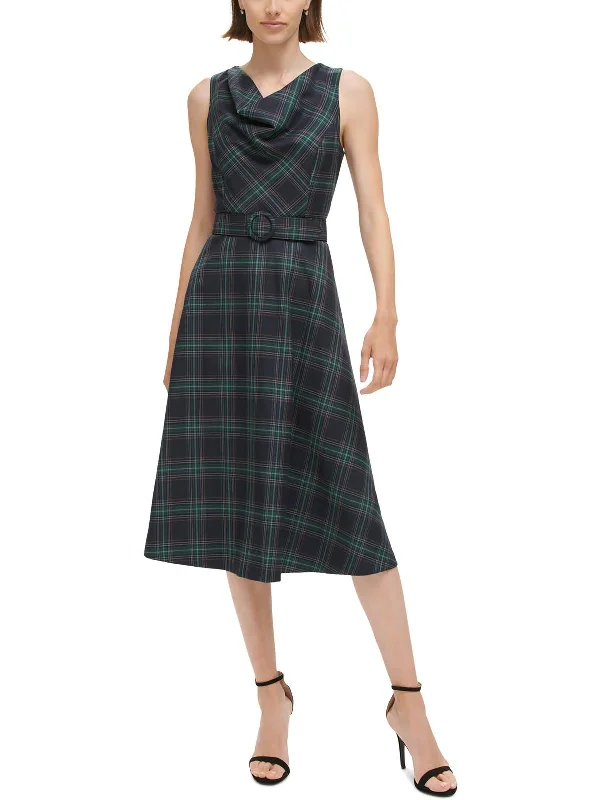 Midnight Madness Womens Plaid Mid Calf Shift Dress