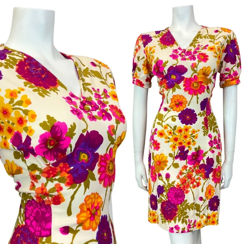 Seasonal Sale VINTAGE 60s 70s WHITE PURPLE PINK YELLOW GARDEN FLORAL FITTED SWING DRESS 12 14