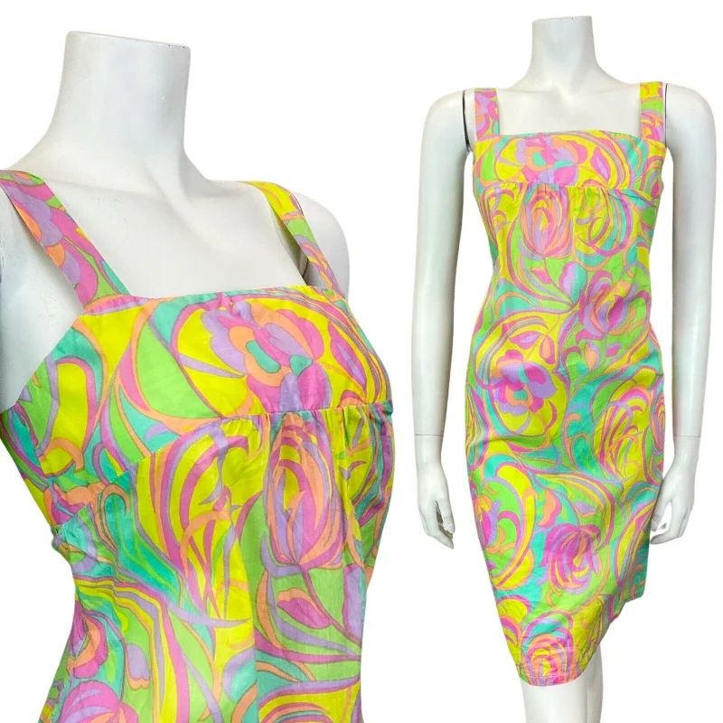 Mega Deal VTG 60s STYLE 90s GREEN YELLOW PINK PSYCHEDELIC SWIRL MOD EMPIRE SUN DRESS 6