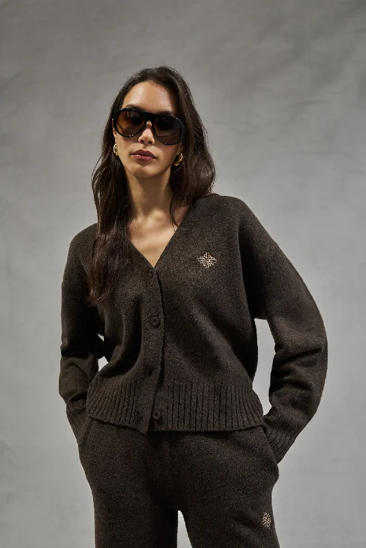 Closeout Sale FLUFFY KNIT EMBLEM EMBROIDERED CARDIGAN - BROWN