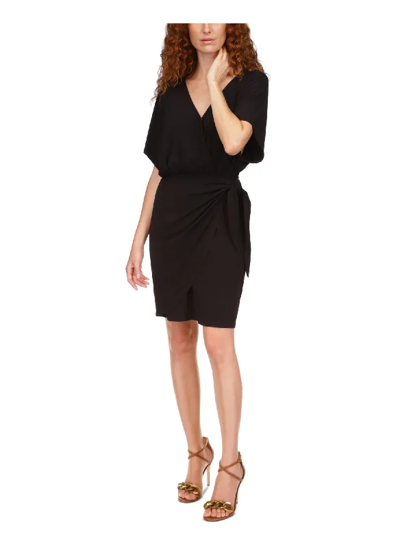 Closeout MICHAEL MICHAEL KORS Womens Black Tie Unlined Gathered Elastic Waist Dolman Sleeve Surplice Neckline Knee Length Faux Wrap Dress