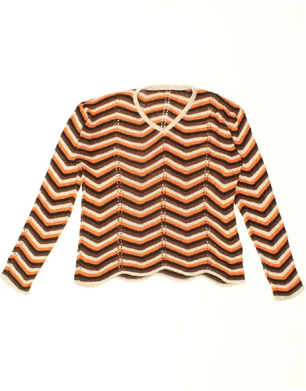 VINTAGE Womens V-Neck Jumper Sweater UK 14 Large Brown Chevron